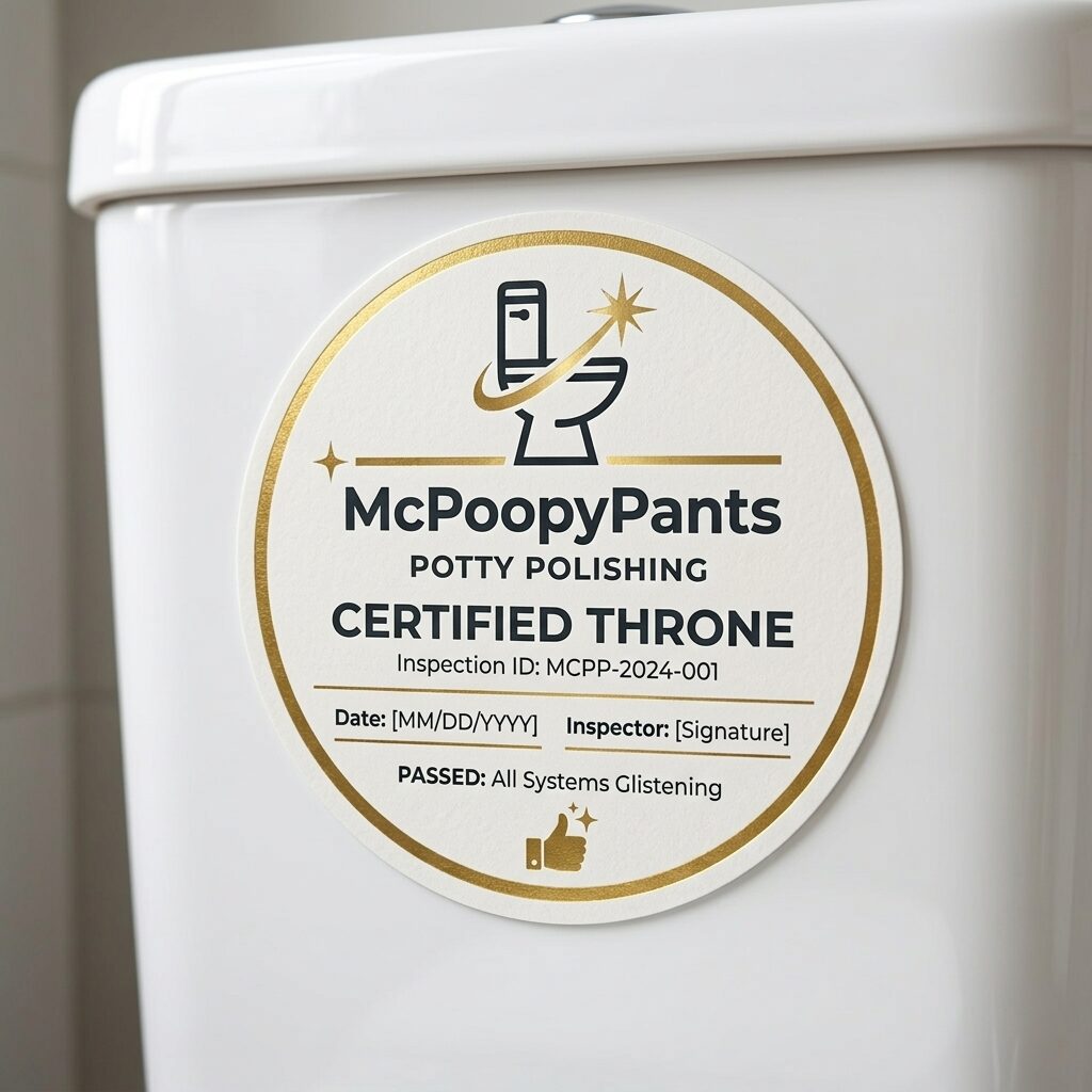 The gold-rimmed McPoopyPants Certified Throne medallion reading PASSED: All Systems Glistening