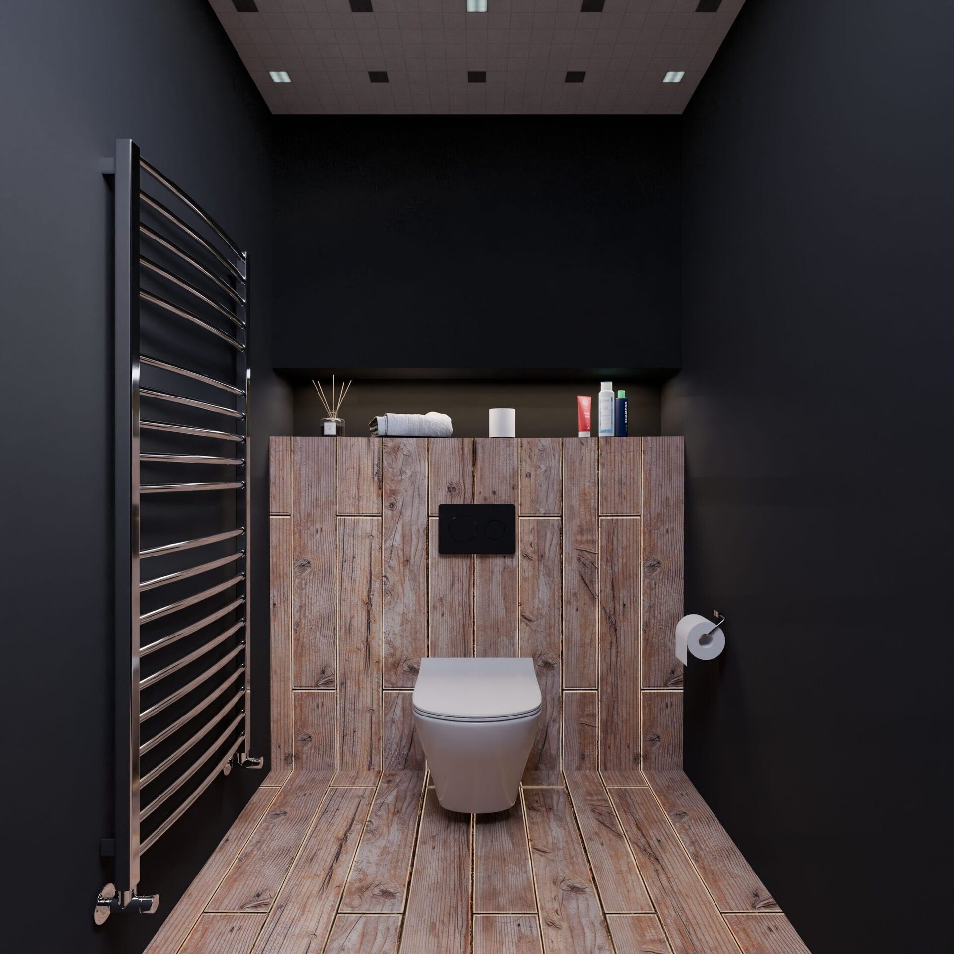 Dark dramatic restroom with black walls, a chrome towel rail, wood paneling, and a wall-hung toilet